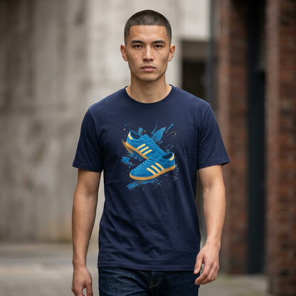 Navy blue t-shirt with a printed graphic of a blue suede trainer featuring cream stripes and a gum sole, surrounded by a blue and gold paint splatter design, with an "On The Terrace" logo on the neck label.