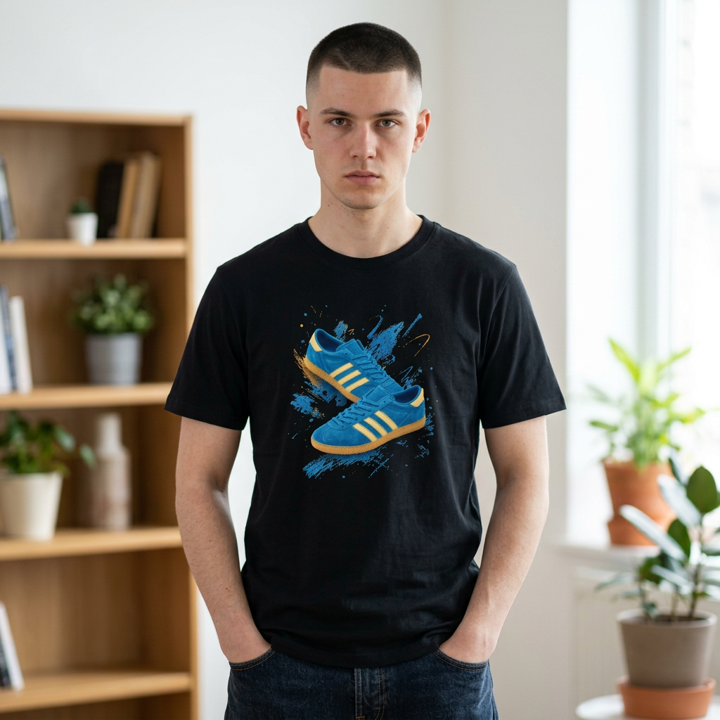 A man wearing a black graphic t-shirt featuring a blue and yellow sneaker design, standing in a brightly lit room with a wooden bookshelf and potted plants in the background.