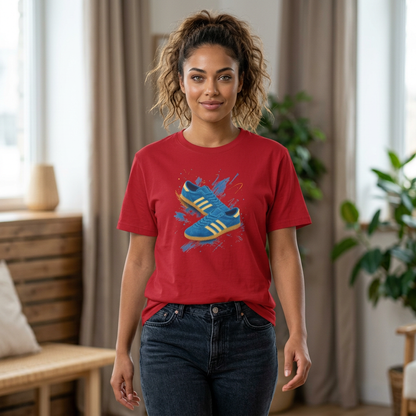 A woman wearing a red graphic t-shirt with a blue and yellow sneaker design, paired with dark blue jeans, standing in a brightly lit room with curtains and plants.