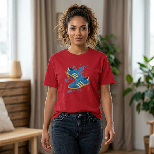 A woman wearing a red graphic t-shirt with a blue and yellow sneaker design, paired with dark blue jeans, standing in a brightly lit room with curtains and plants.