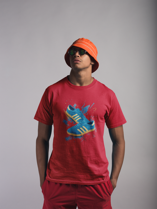 A man wearing a red graphic t-shirt with a blue and yellow sneaker print, matching red sweatpants, an orange bucket hat, and sunglasses, standing against a plain gray studio background.