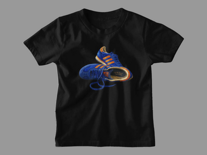 Black t-shirt with hand-illustrated blue and orange retro terrace trainer sneaker graphic print, On The Terrace casual clothing brand
