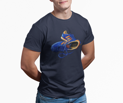 A man wearing a Navy t-shirt with hand-illustrated blue and orange retro terrace trainer sneaker graphic print, On The Terrace casual clothing brand
