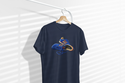 Navy t-shirt with hand-illustrated blue and orange retro terrace trainer sneaker graphic print, On The Terrace casual clothing brand
