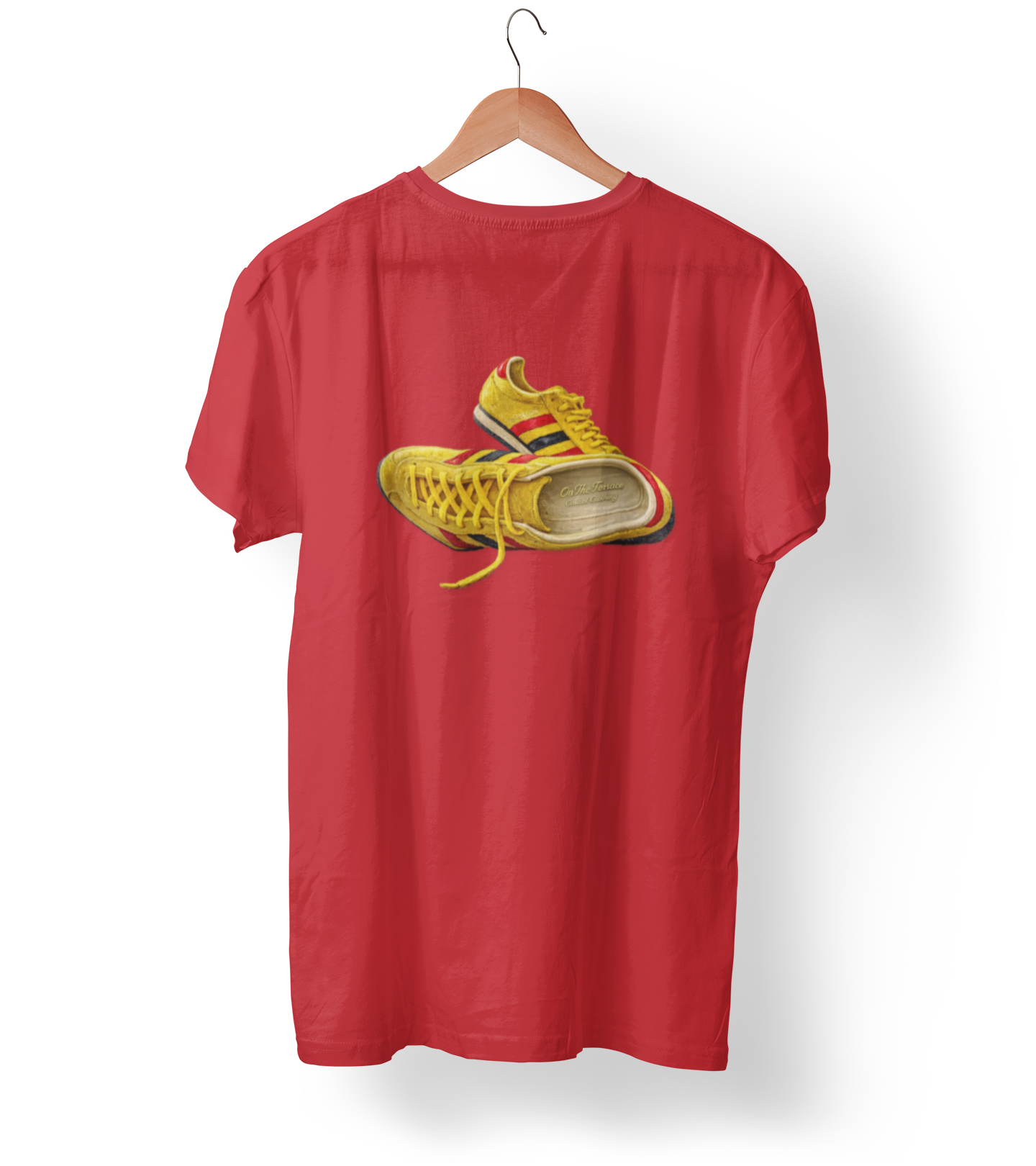 Red t-shirt with hand-illustrated yellow, navy and red retro terrace trainer sneaker graphic print, On The Terrace casual clothing brand
