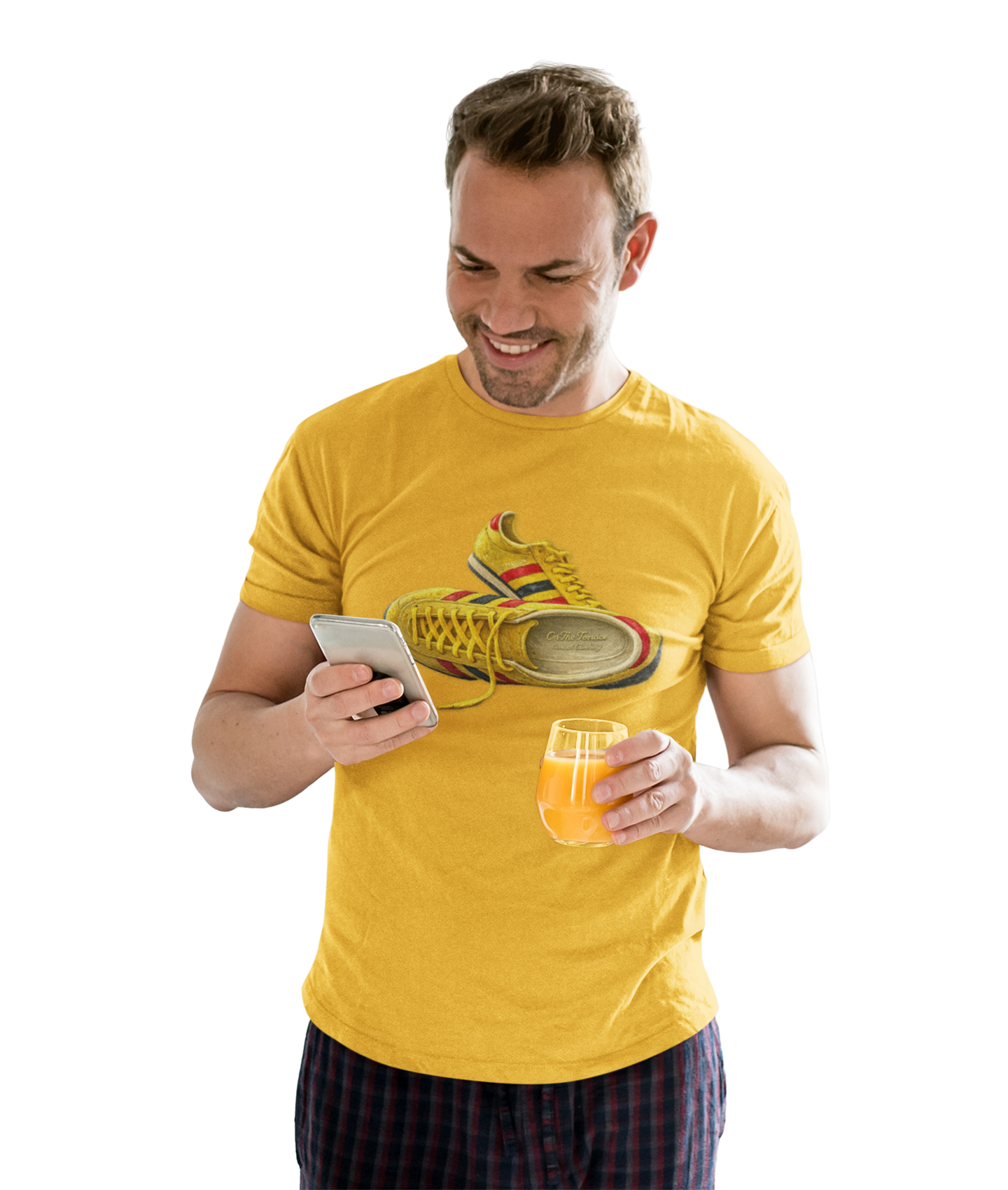 A man wearing a Gold t-shirt with hand-illustrated yellow, navy and red retro terrace trainer sneaker graphic print, On The Terrace casual clothing brand
