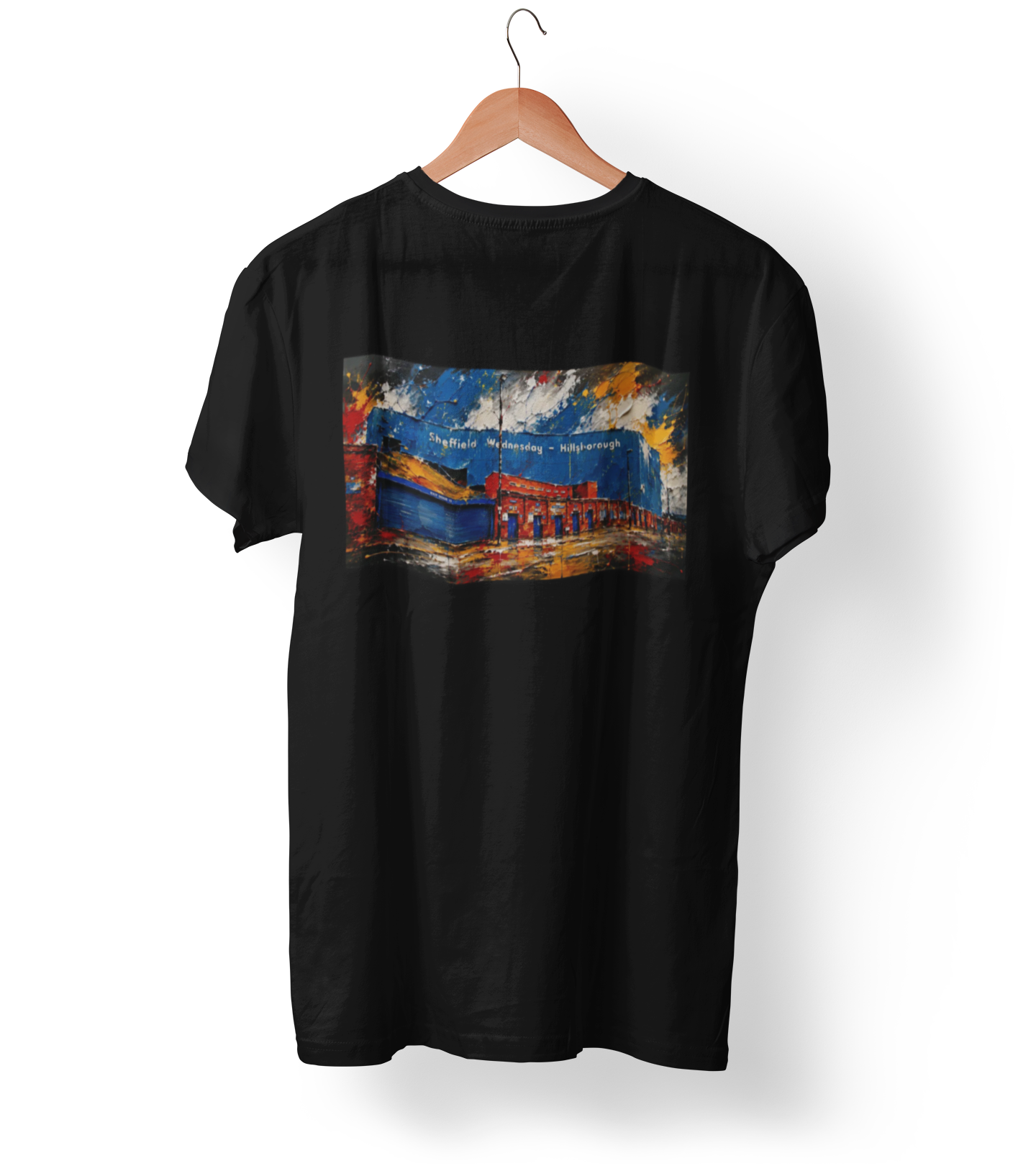 Black t-shirt with hand-painted artwork of Hillsborough stadium turnstiles, Sheffield Wednesday football ground illustration