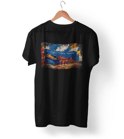 Black t-shirt with hand-painted artwork of Hillsborough stadium turnstiles, Sheffield Wednesday football ground illustration