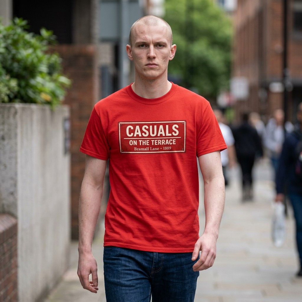 A man wearing a red SUFC t-shirt with a white and red 'CASUALS ON THE TERRACE' box logo, walking down a blurred city street.