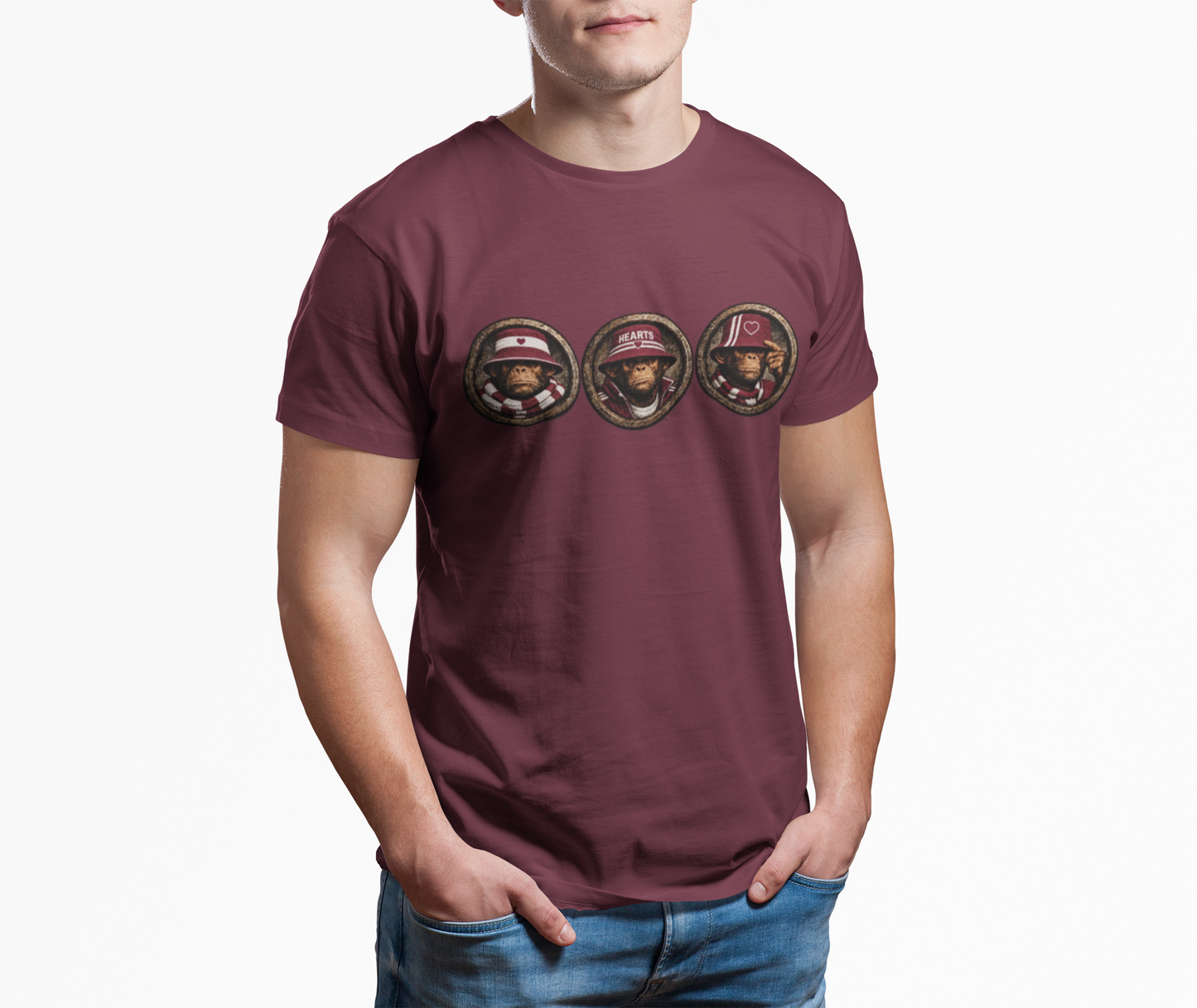 Maroon Hearts terrace T-shirt product image with 3 Wise Terrace Monkeys design
