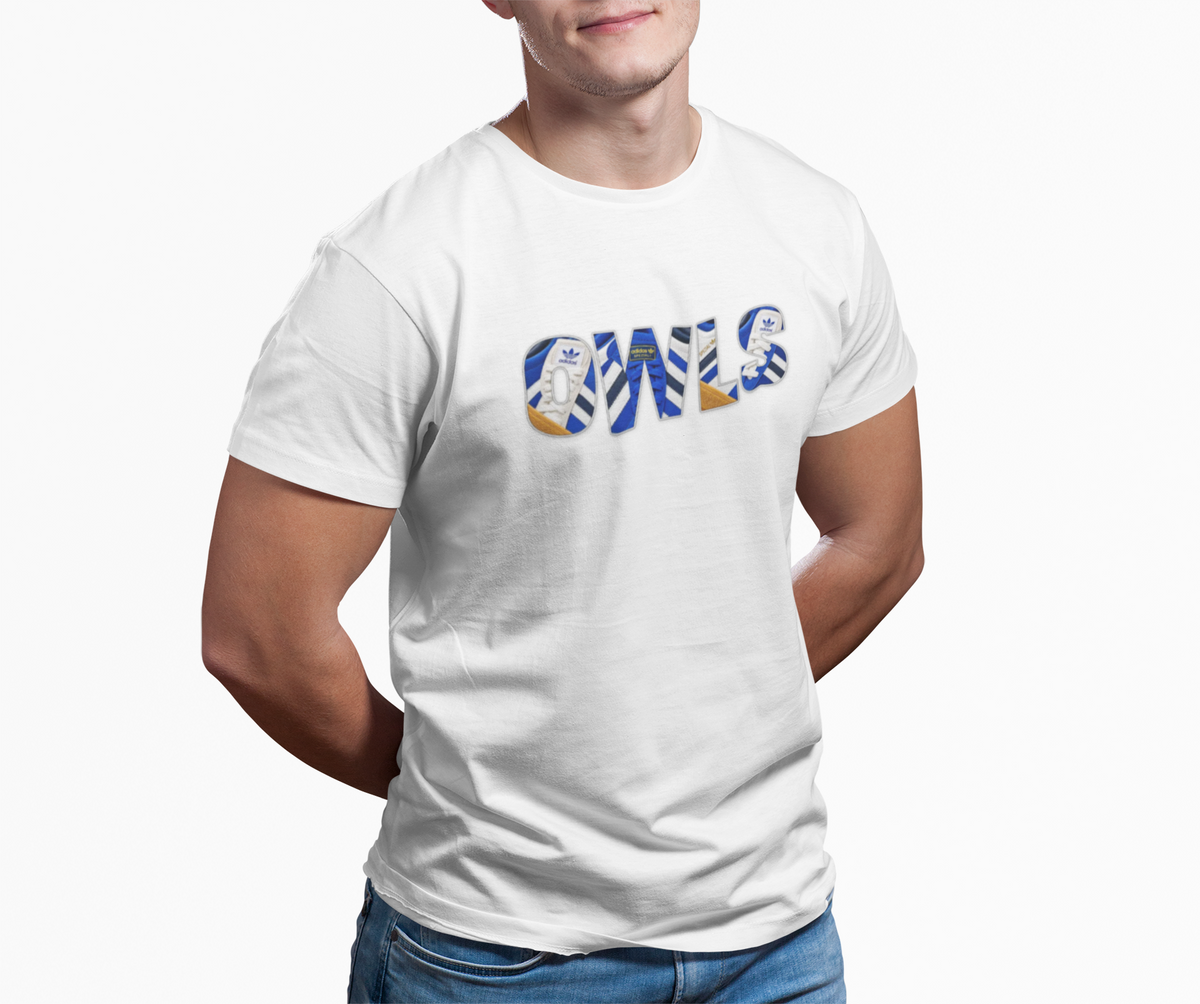 Sheffield Wednesday OWLS Trainer Graphic terrace t-shirt in white, product mockup - On The Terrace casual wear