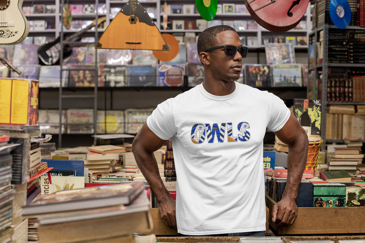 Sheffield Wednesday OWLS Trainer Graphic terrace t-shirt in white, product mockup - On The Terrace casual wear