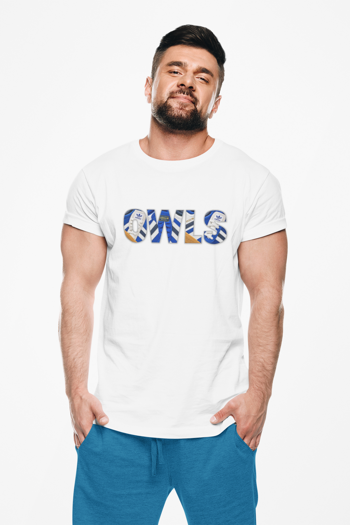Sheffield Wednesday OWLS Trainer Graphic terrace t-shirt in white, product mockup - On The Terrace casual wear