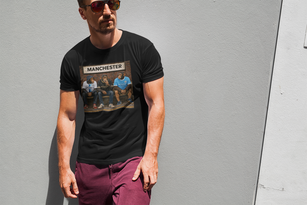 Manchester City Station Bench Trio t-shirt in black, product mockup - On The Terrace casual wear