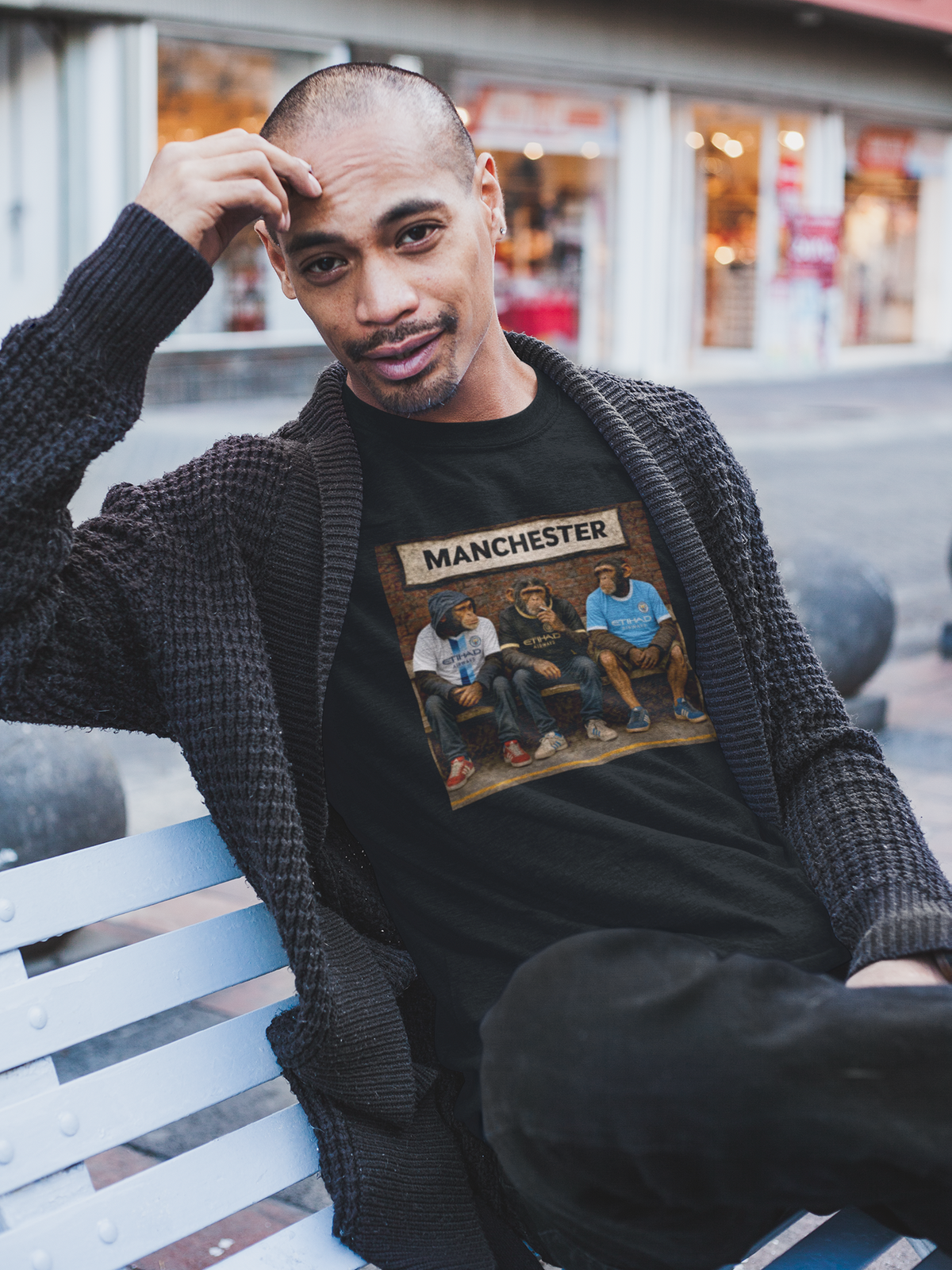 Manchester City Station Bench Trio terrace t-shirt in black, product mockup - On The Terrace casual wear