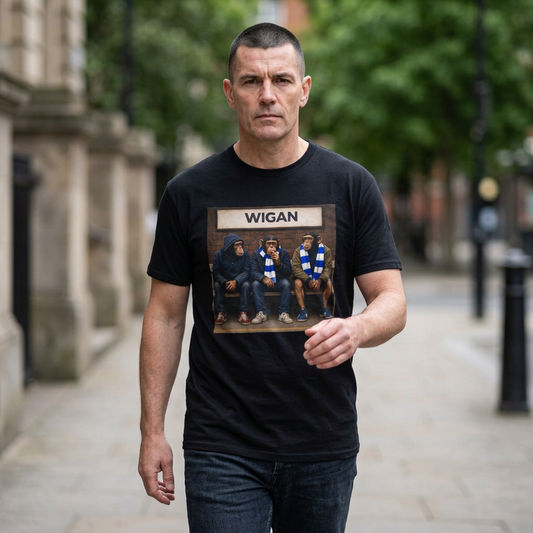 Wigan Athletic Scarf and Hoodie Bench Trio terrace t-shirt in black - On The Terrace casual wear