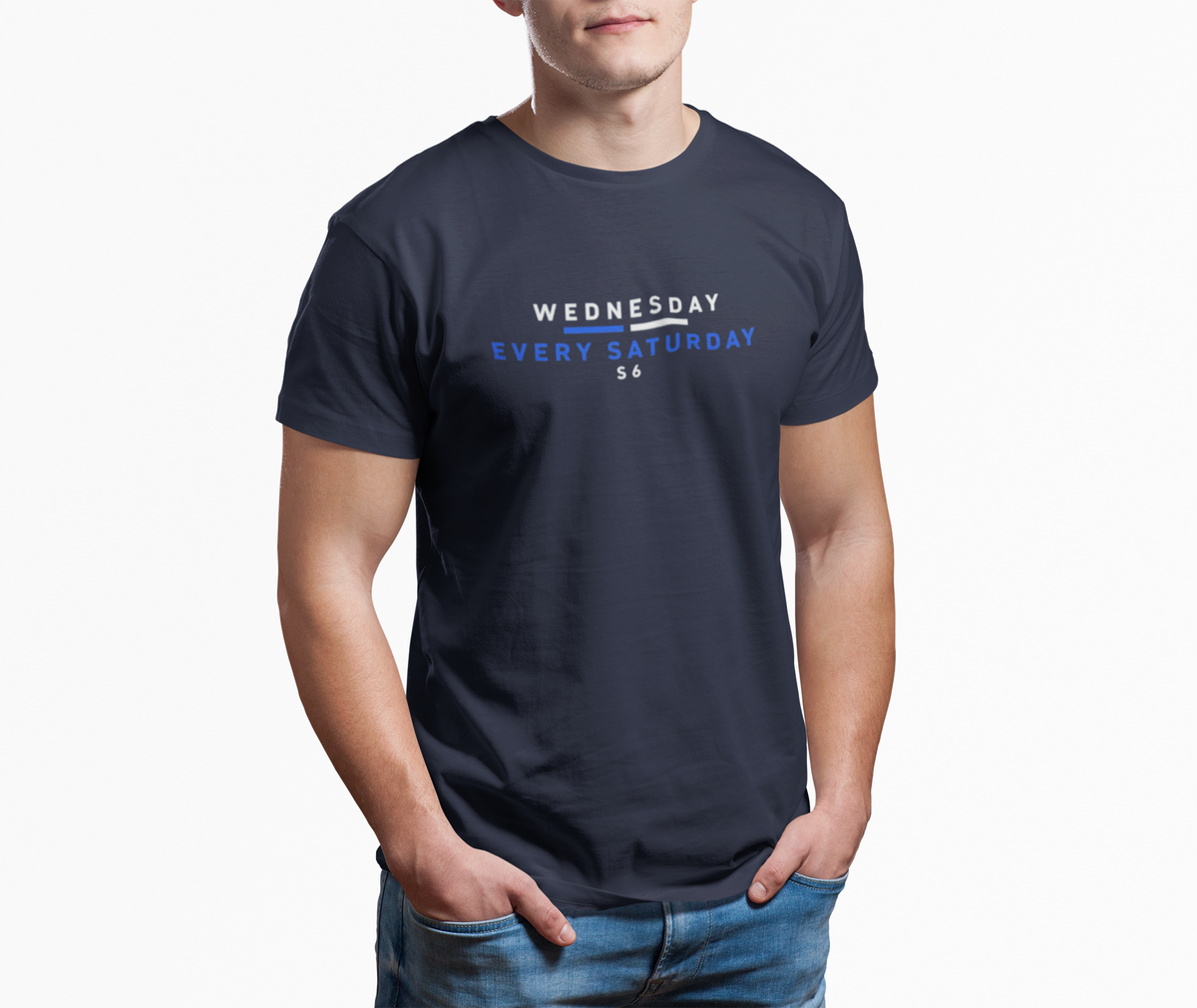 Man wearing navy Sheffield Wednesday Wednesday Every Saturday T-shirt with jeans