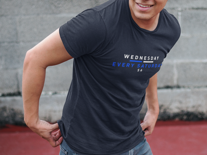 Man in navy SWFC Wednesday Every Saturday tee outdoors, close-up of S6 chest print