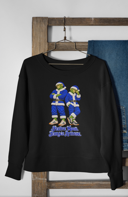 Blue Santa chimps Christmas sweatshirt hanging on a hanger