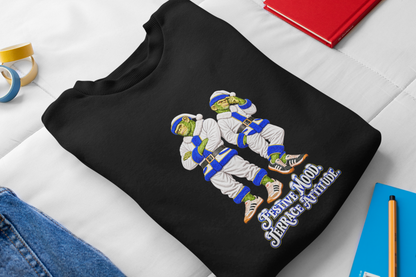 Folded black Leeds Christmas sweatshirt with white Santa chimps and Festive Mood Terrace Attitude slogan