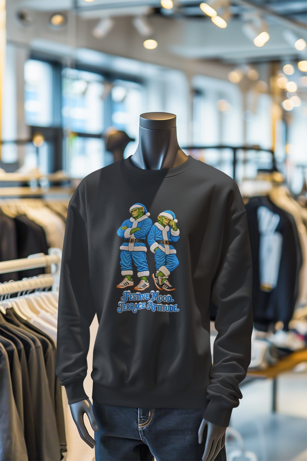 Sky blue Northern Monkeys Christmas sweatshirt on a mannequin in a clothes shop