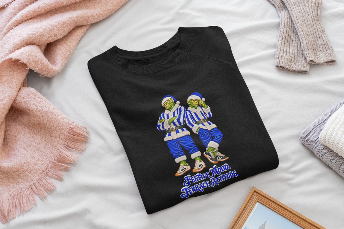 Folded blue and white stripe Santa chimps sweatshirt flat lay with pink blanket