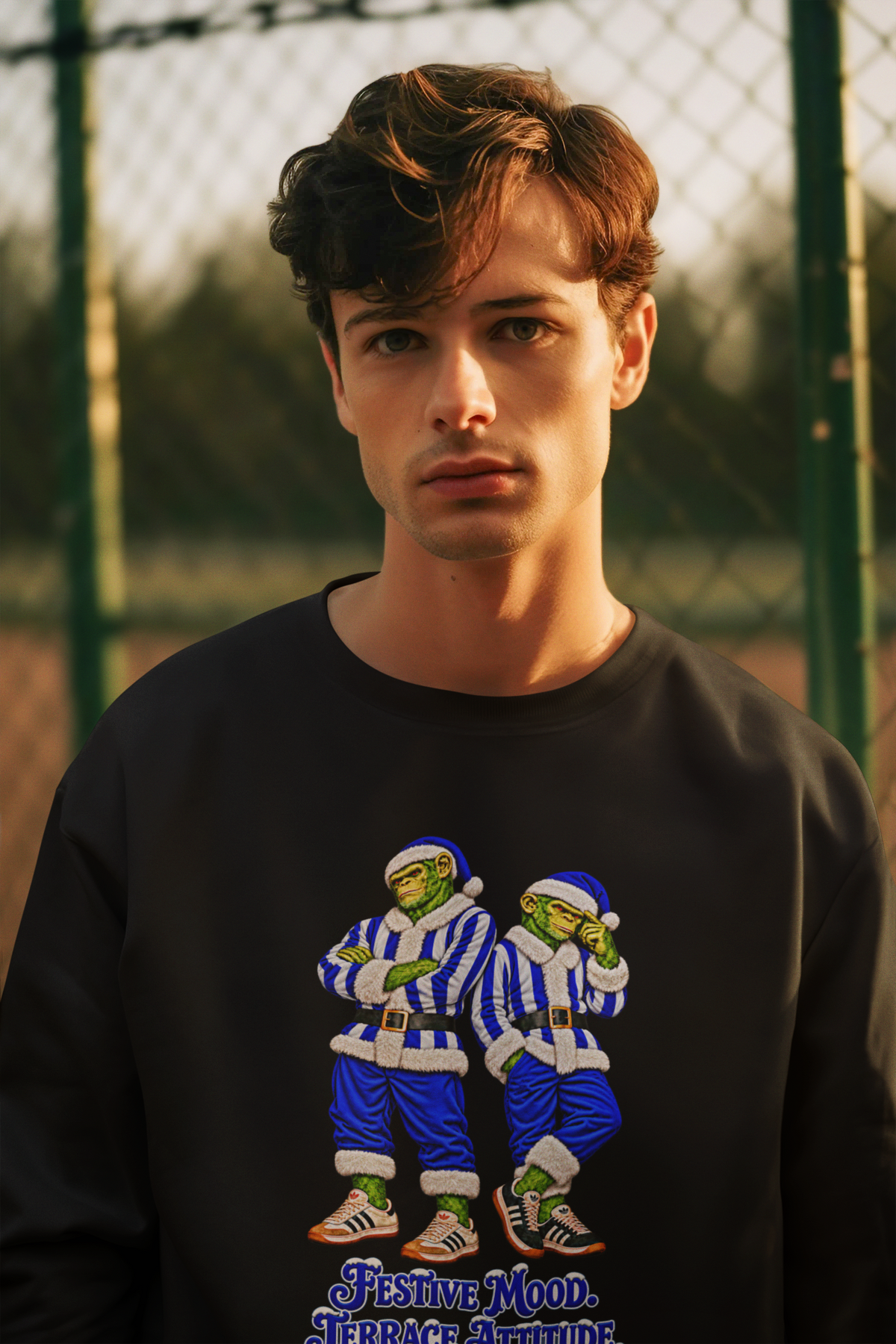 Young man outdoors wearing the blue and white stripe Santa chimps Christmas jumper