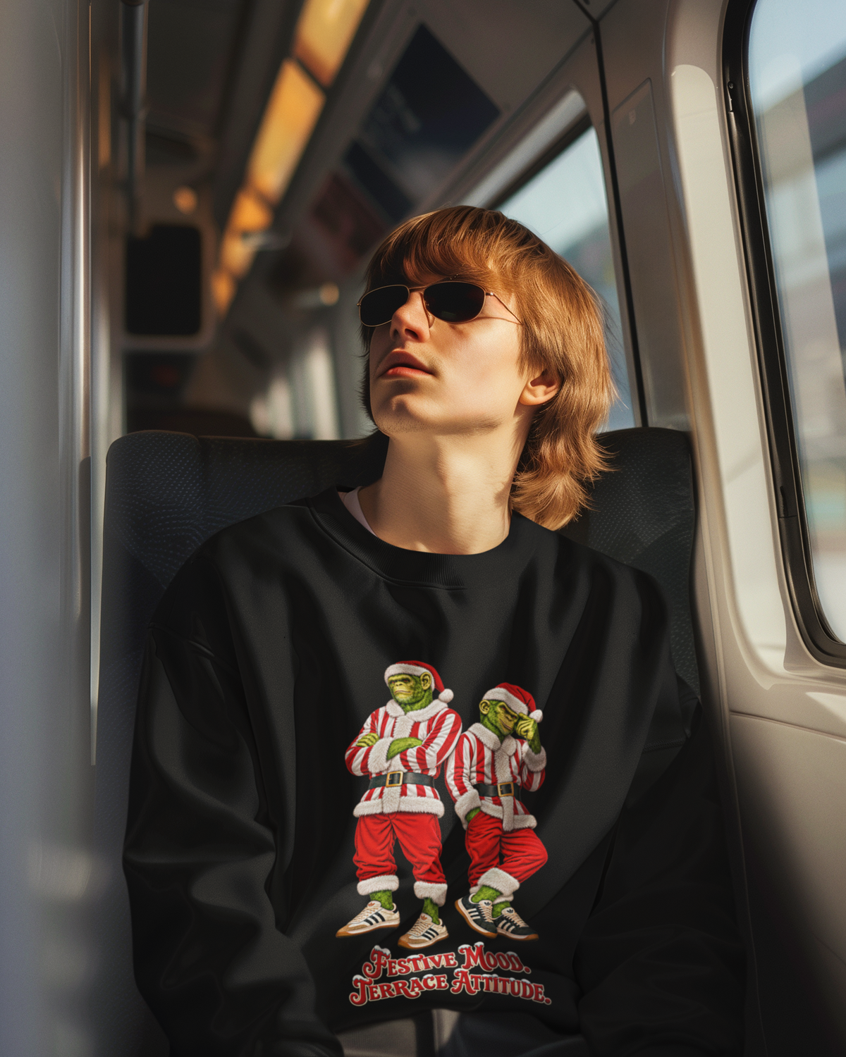 Woman in sunglasses on a train wearing the black red and white striped Santa chimps sweatshirt