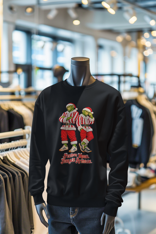 Red and white stripe Santa chimps Christmas sweatshirt on a mannequin in a clothes shop