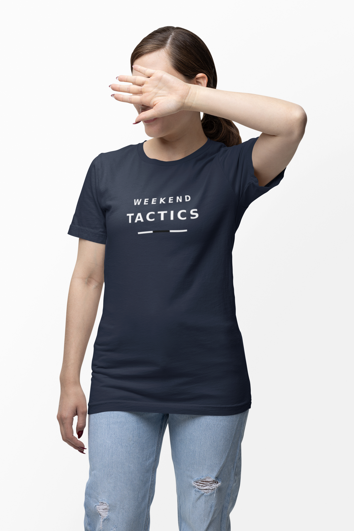 Woman wearing the navy Weekend Tactics football casuals T-shirt with jeans