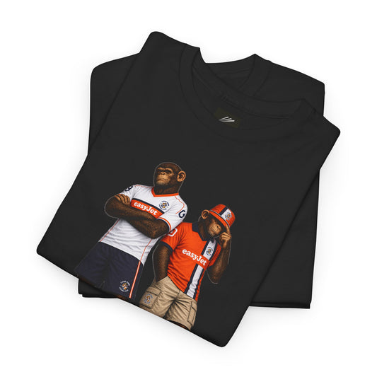 Close-up of Luton Town easyJet Era Terrace Monkeys artwork on black T-shirt