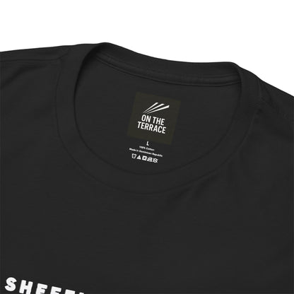 Close-up of On The Terrace neck label on black heavy cotton Sheffield Wednesday tee