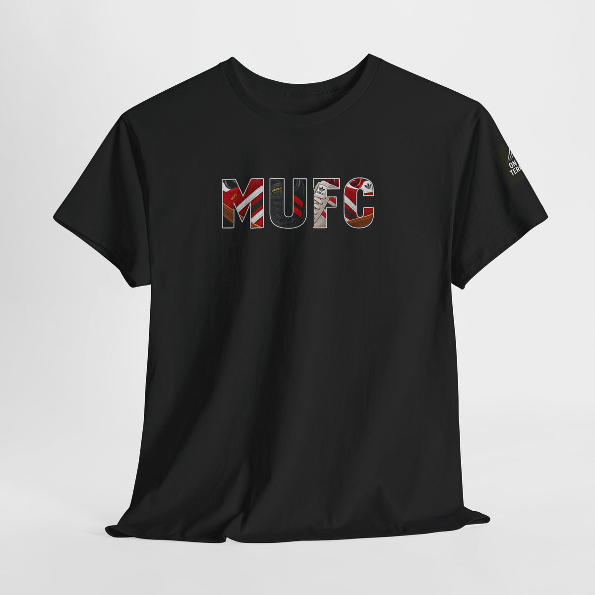 Black football casual T-shirt featuring MUFC retro trainer collage lettering