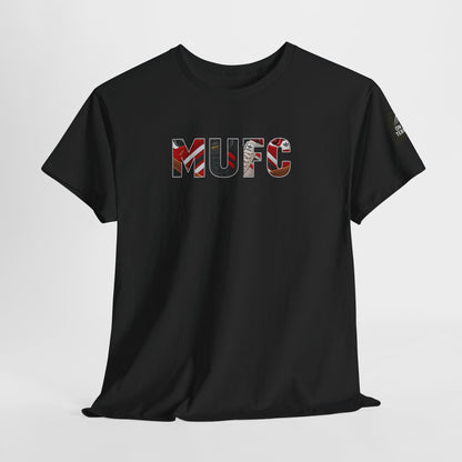 Black football casual T-shirt featuring MUFC retro trainer collage lettering