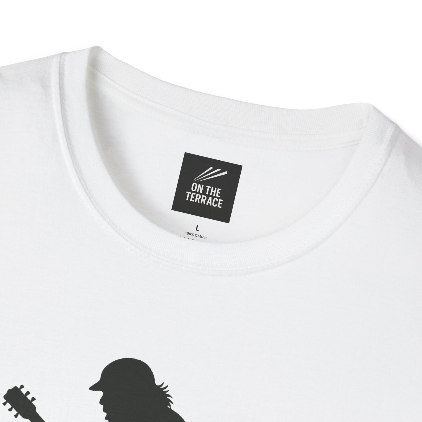 White cotton T-shirt with On The Terrace brand label and black silhouette graphic of a person holding a guitar