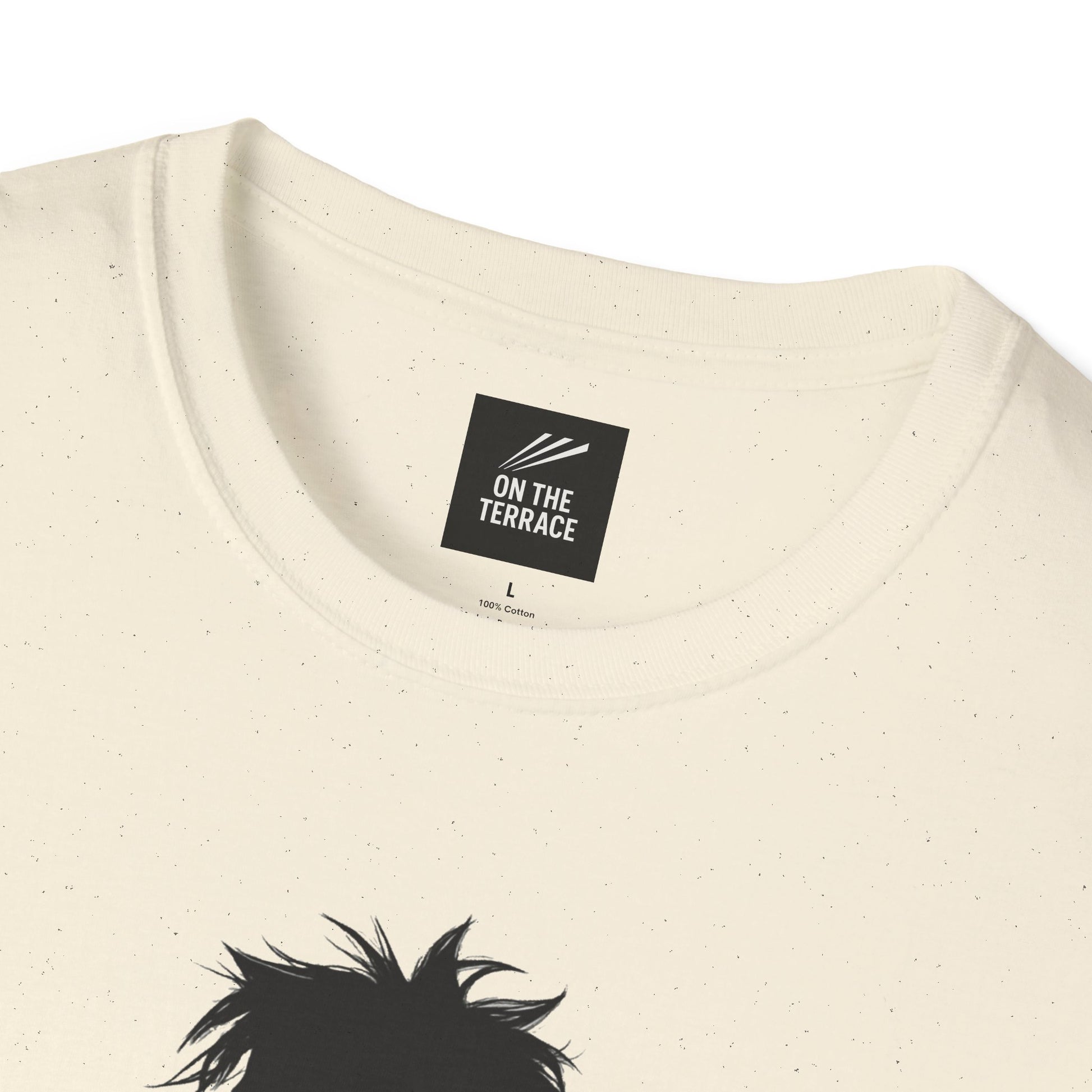 Close-up of cream speckled cotton T-shirt collar with On The Terrace size L label