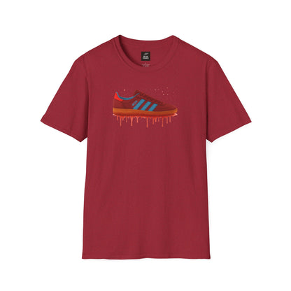 Red t-shirt with graphic of a red and blue sneaker and dripping paint effect, casual style