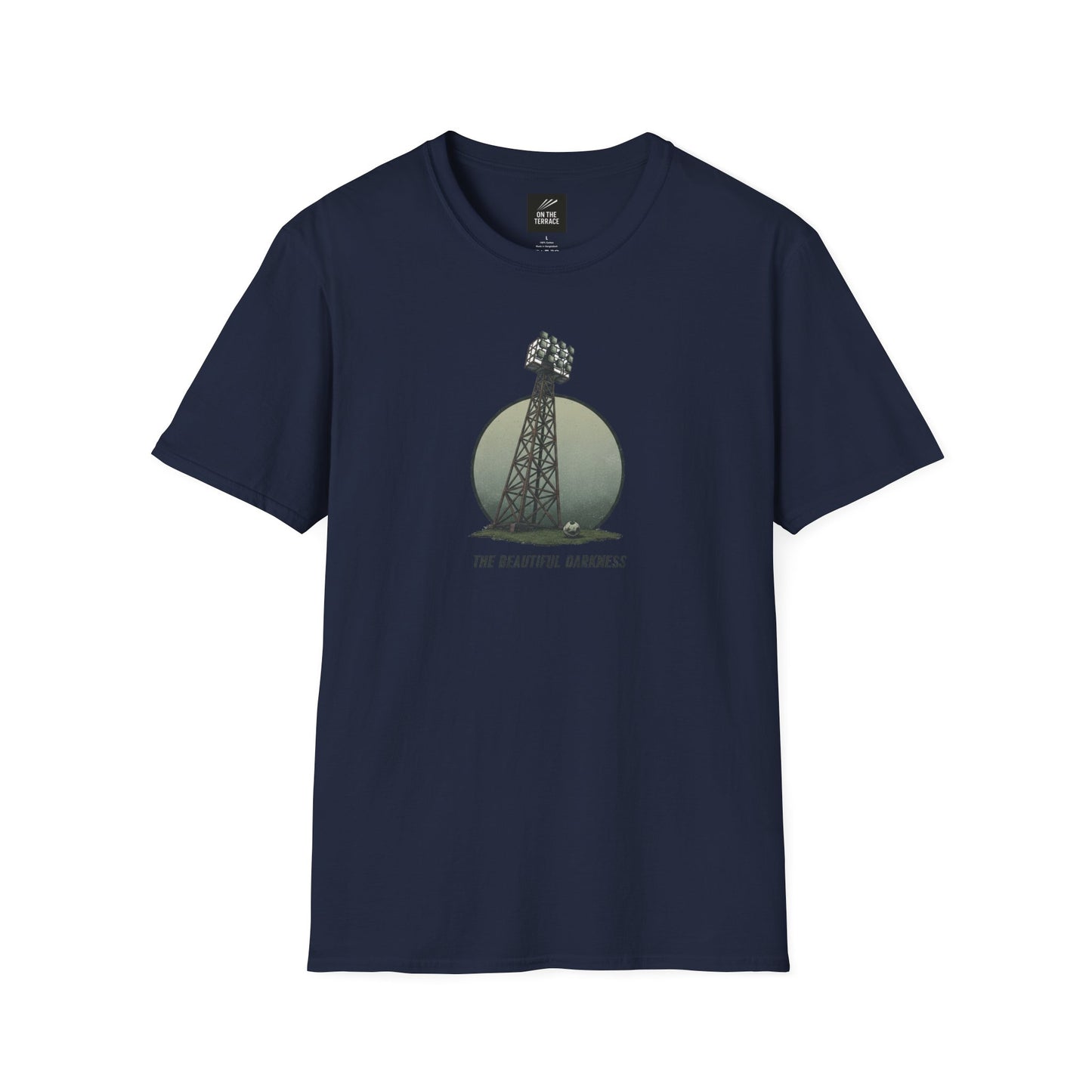 Navy blue t-shirt with floodlight tower, soccer ball, and text The Beautiful Darkness design