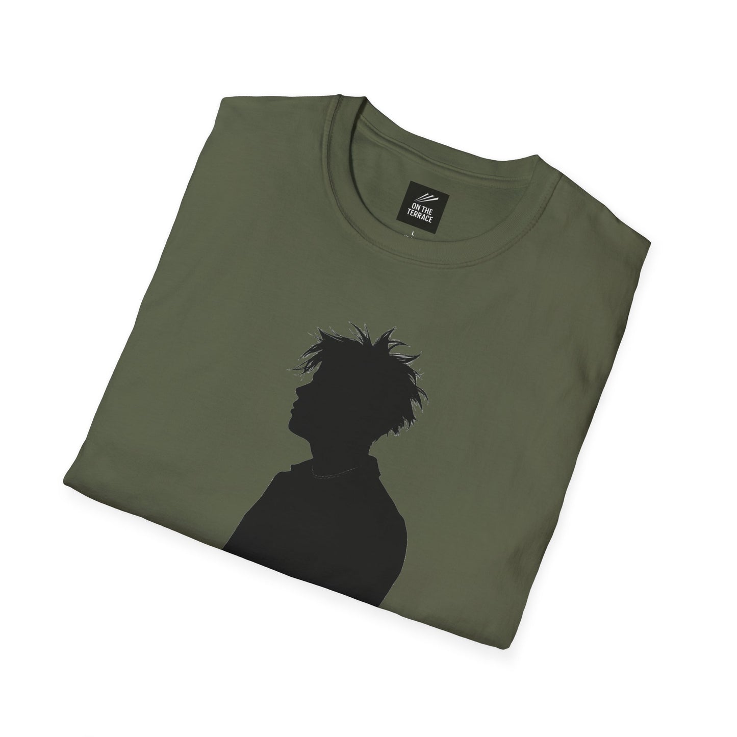 Folded olive green T-shirt with black silhouette of a spiky-haired person on front