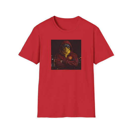 Red Man United t-shirt featuring a man in a hooded jacket with goggles and a yellow mask, football casual style