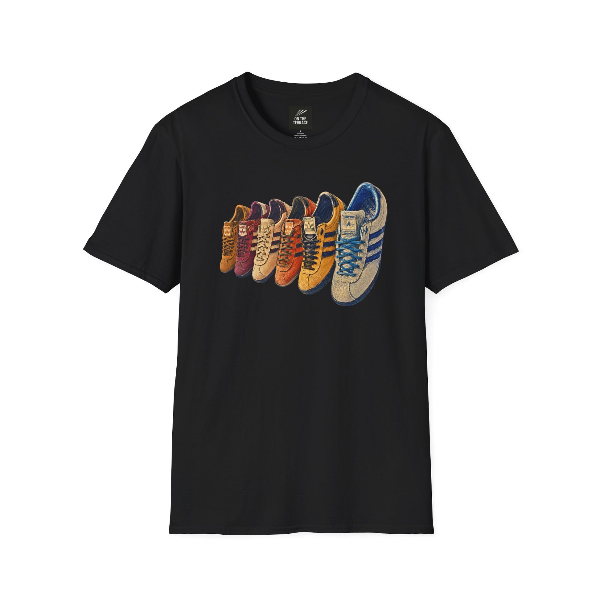 black t-shirt with 5 adidas style trainers