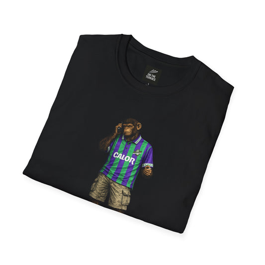 Black Hibs Northern Monkey t-shirt with a graphic of a person wearing a colorful shirt and shorts on a white background