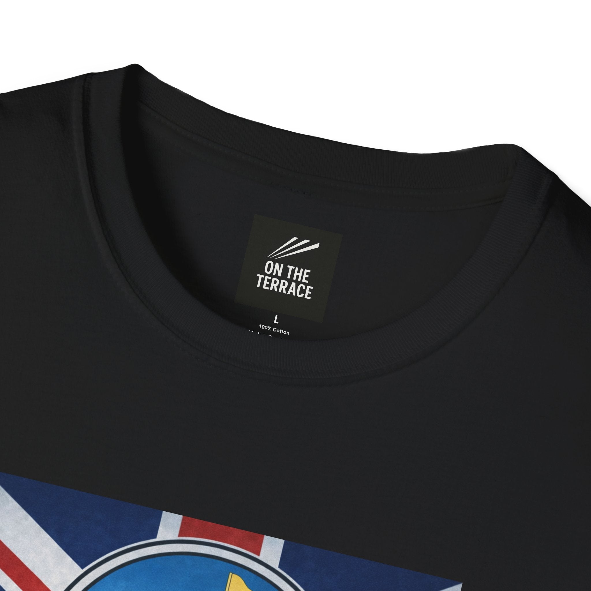 Black t-shirt with 'On The Terrace' label and a colorful design on a white background