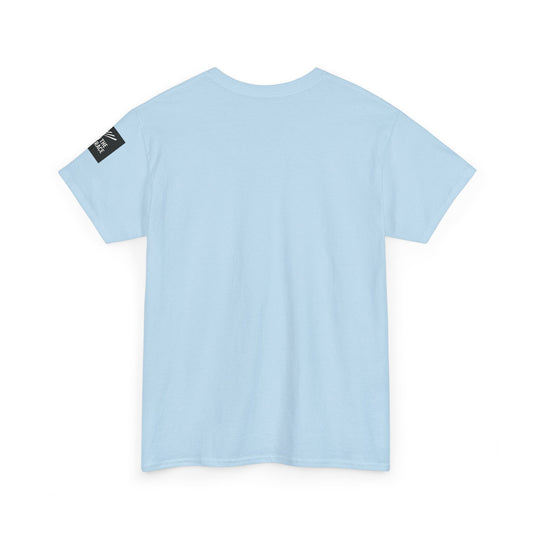 Light blue MCFC T-shirt with sky blue, navy and white retro trainer letter artwork