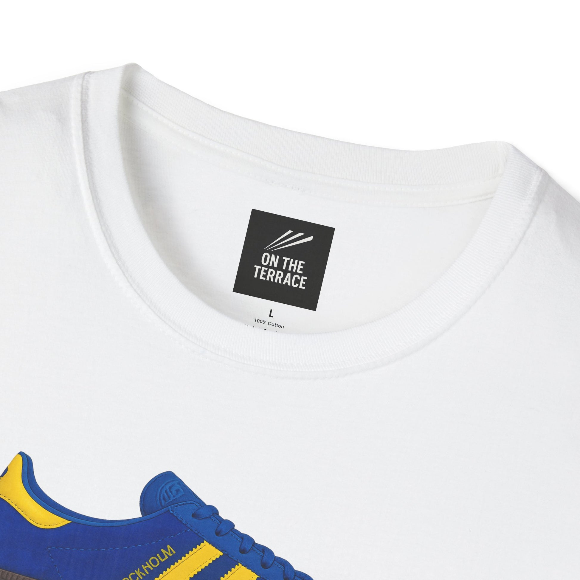 Close-up of white cotton T-shirt neckline with On The Terrace label and blue-yellow sneaker graphic