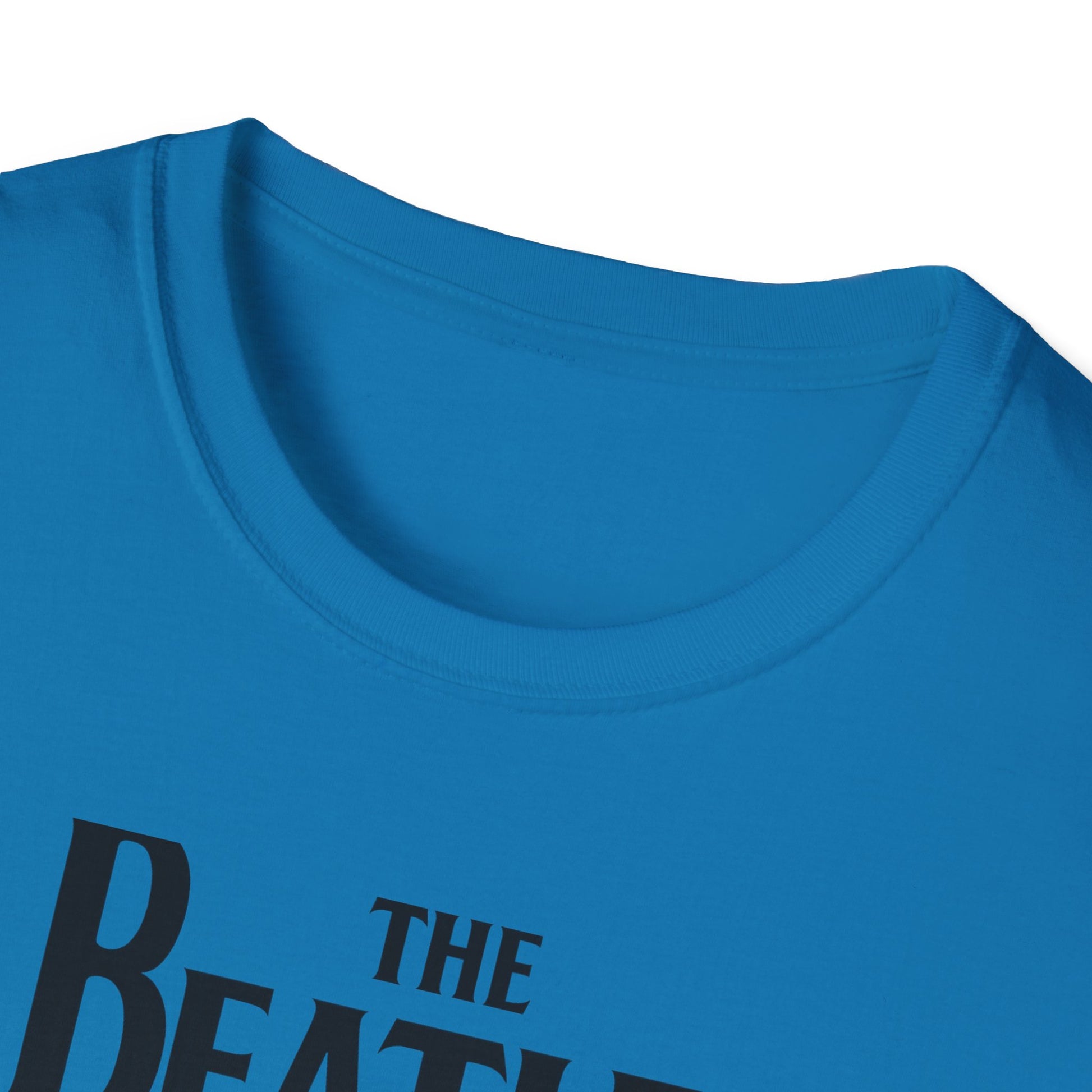 Blue t-shirt with 'The Beatles' logo on a white background