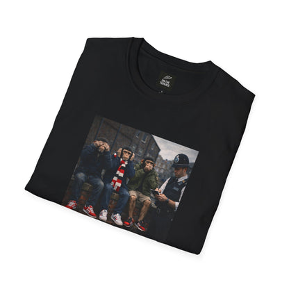 Black t-shirt with a graphic of four people on a white background
