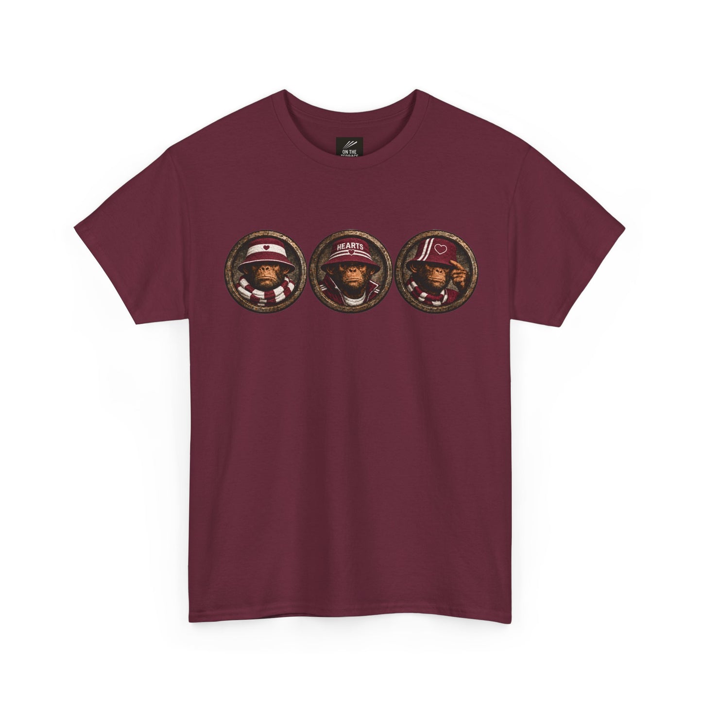 Hearts 3 Wise Terrace Monkeys maroon T-shirt with trio chest graphic