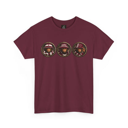 Hearts 3 Wise Terrace Monkeys maroon T-shirt with trio chest graphic