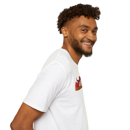 Smiling man with curly hair wearing white T-shirt featuring red sneaker graphic on white background